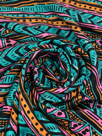 Dark Turquoise/Marigold/Black 100% Silk Horizontal Stylized Geometric Print Habotai - NY Designer - 44W