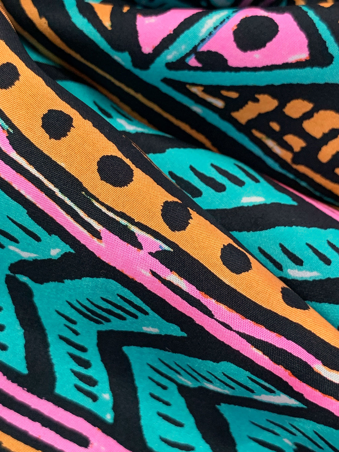 Dark Turquoise/Marigold/Black 100% Silk Horizontal Stylized Geometric Print Habotai - NY Designer - 44W