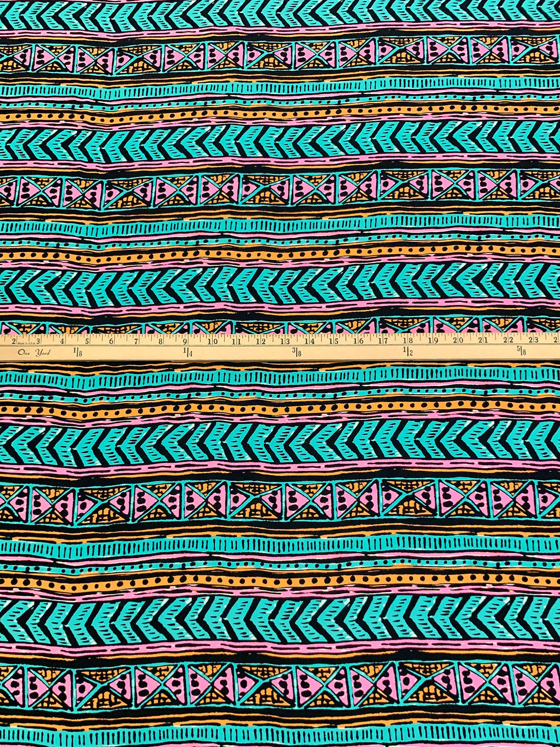 Dark Turquoise/Marigold/Black 100% Silk Horizontal Stylized Geometric Print Habotai - NY Designer - 44W