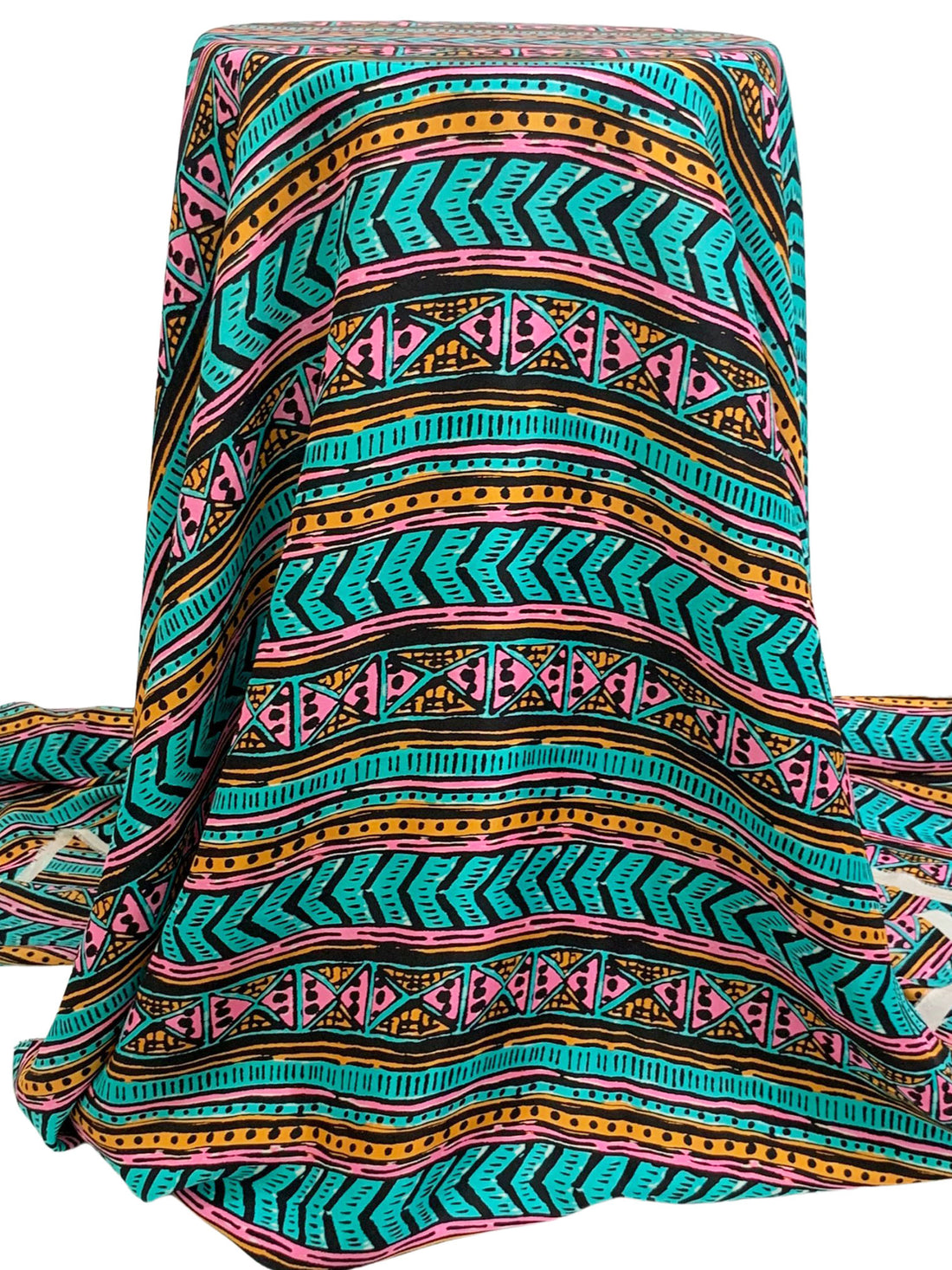 Dark Turquoise/Marigold/Black 100% Silk Horizontal Stylized Geometric Print Habotai - NY Designer - 44W