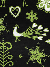 Black/Moss Green/White 100% Linen Folk Bird Print Linen 58W