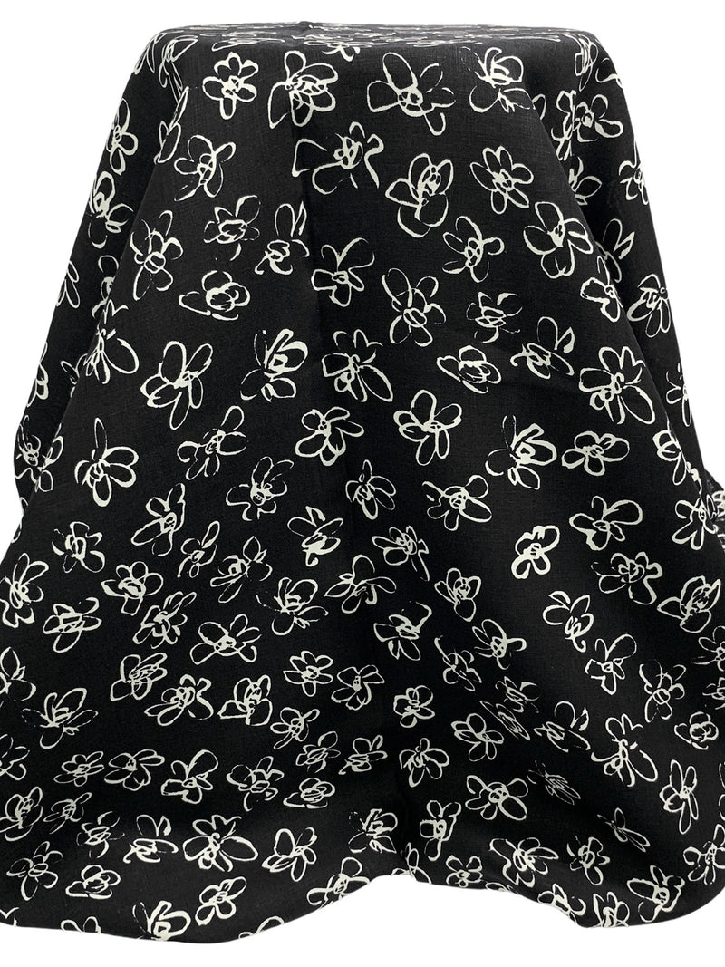 Black/Eggshell 100% Linen Freehand Floral Print Linen 58W