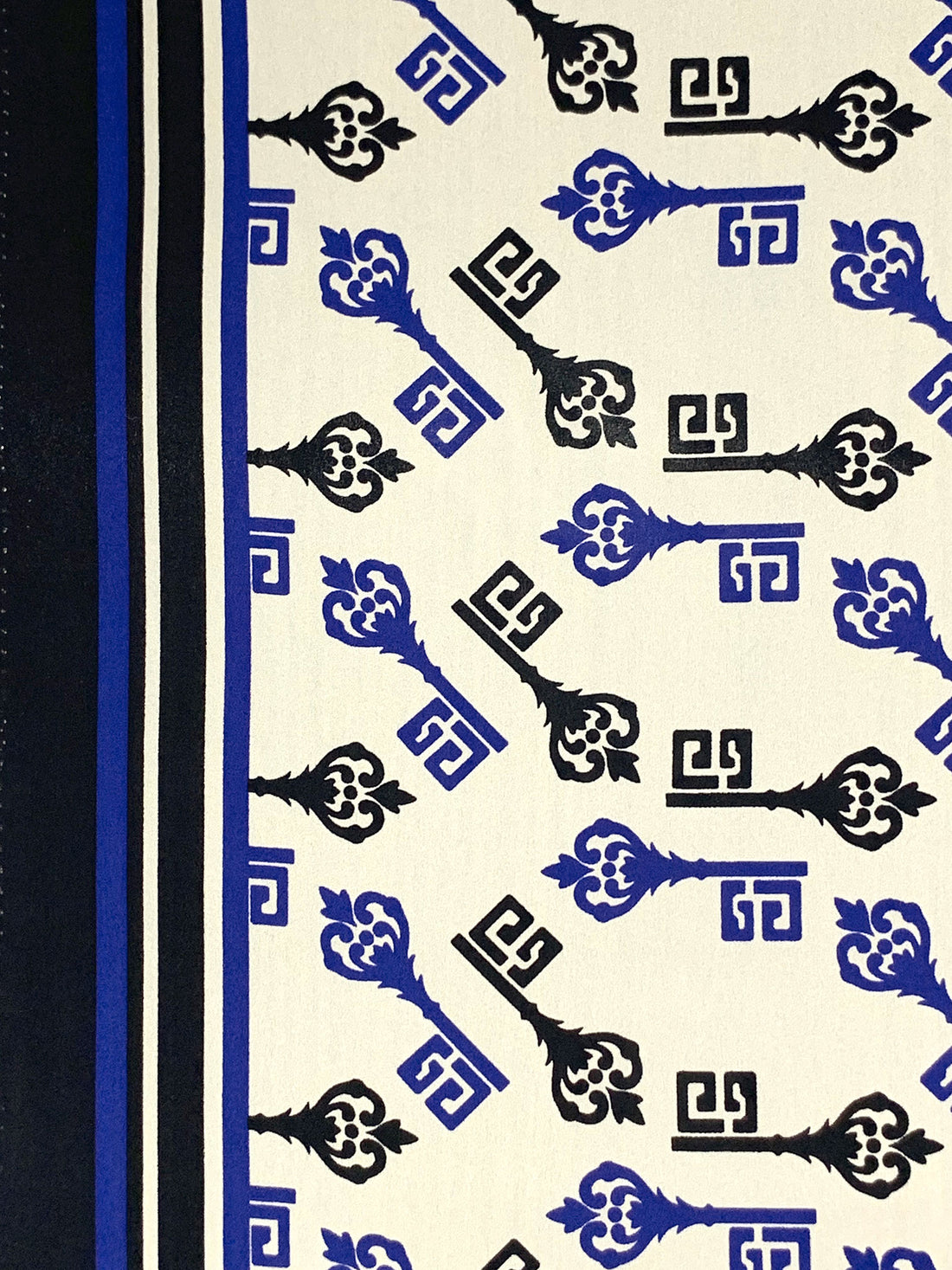 Antique Off-White/Dark Royal Blue/Black 100% Silk Double Border Ornate Key Print Crepe - NY Designer - 43W