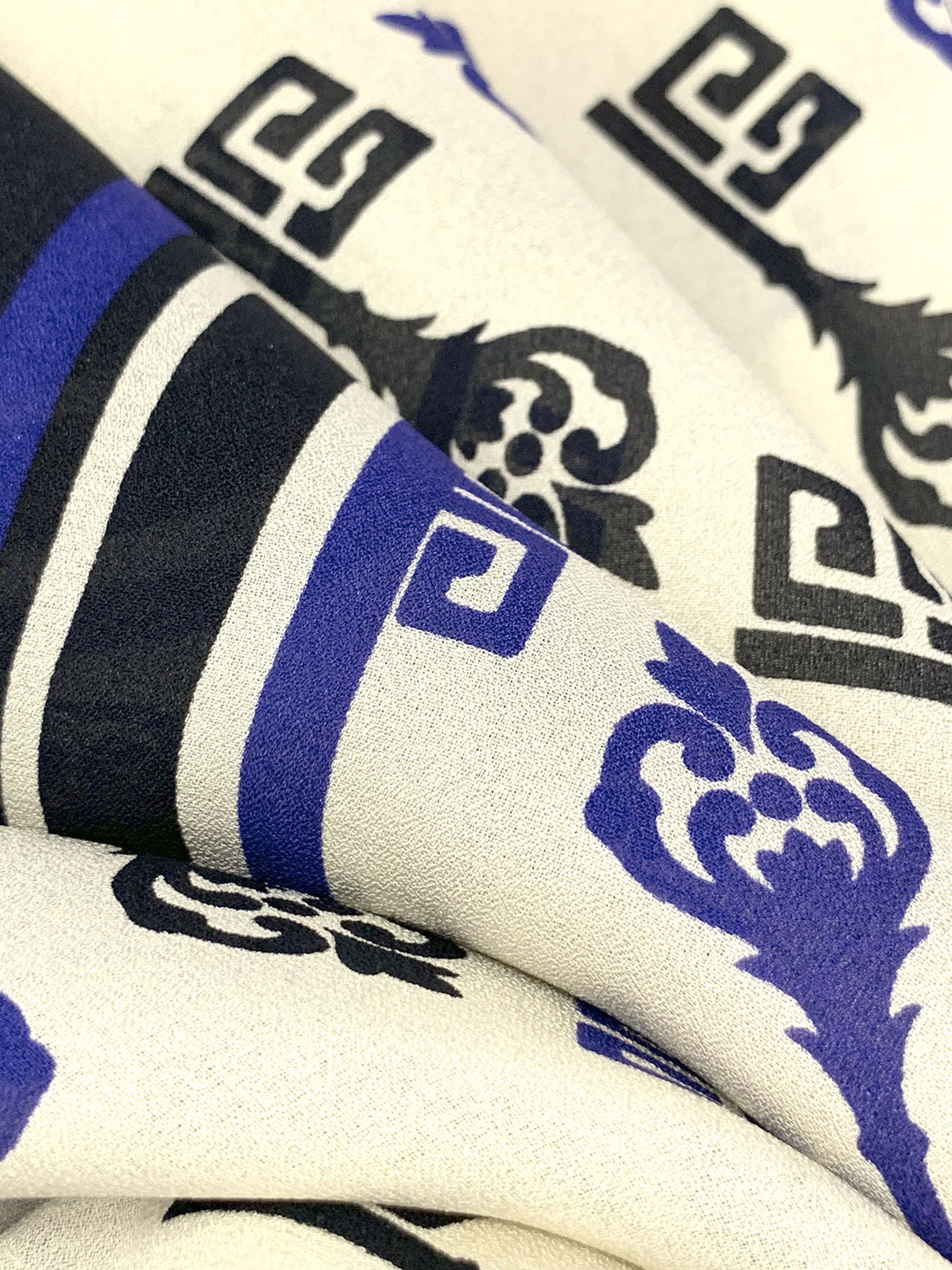 Antique Off-White/Dark Royal Blue/Black 100% Silk Double Border Ornate Key Print Crepe - NY Designer - 43W