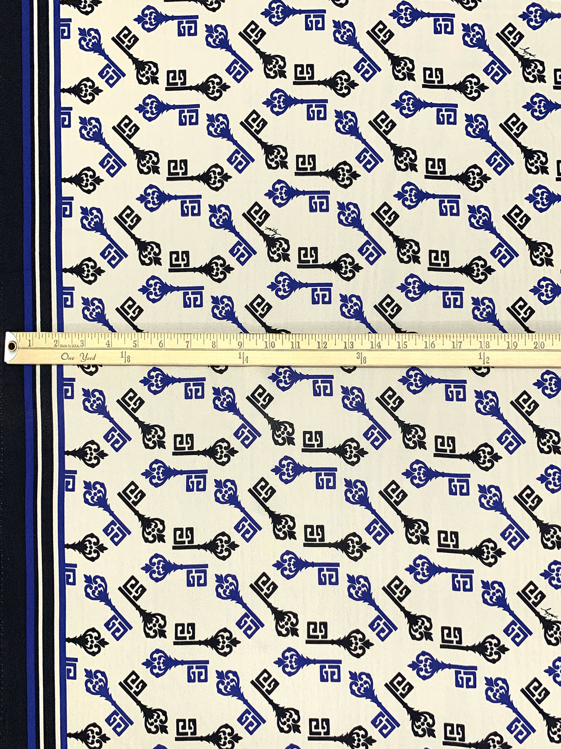 Antique Off-White/Dark Royal Blue/Black 100% Silk Double Border Ornate Key Print Crepe - NY Designer - 43W