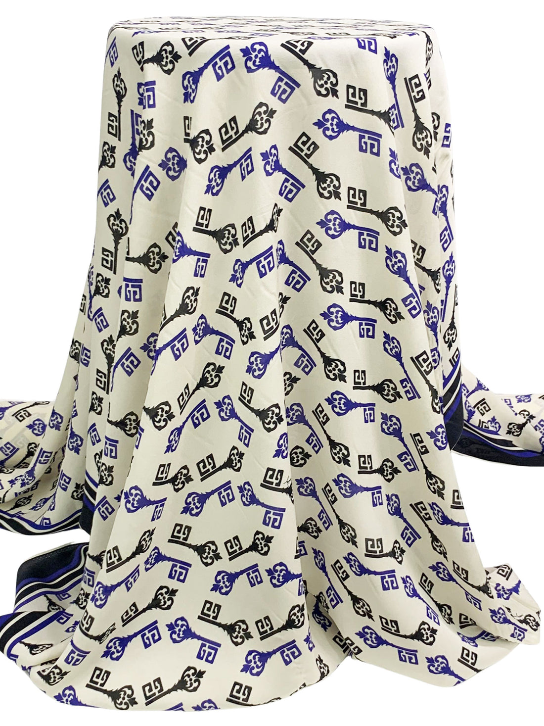 Antique Off-White/Dark Royal Blue/Black 100% Silk Double Border Ornate Key Print Crepe - NY Designer - 43W