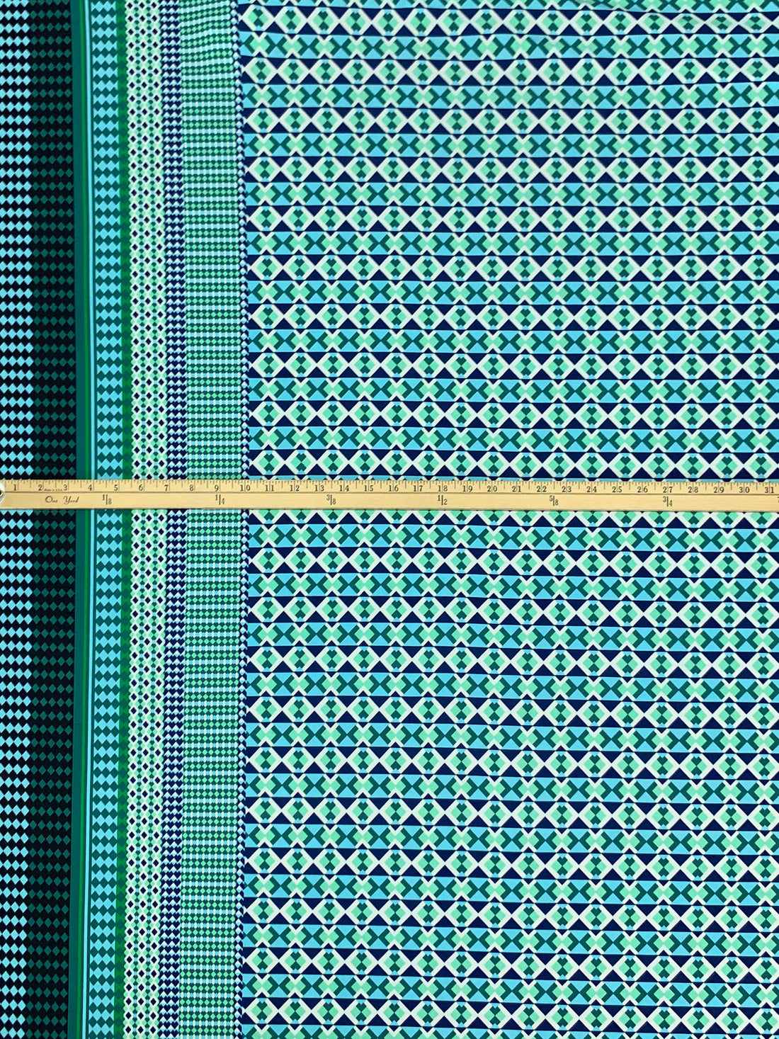 Dark Royal Blue/Dark Jungle Green/Multi Polyester/Lycra Double Border Geometric Print ITY Knit - Famous Dress Designer - 54W