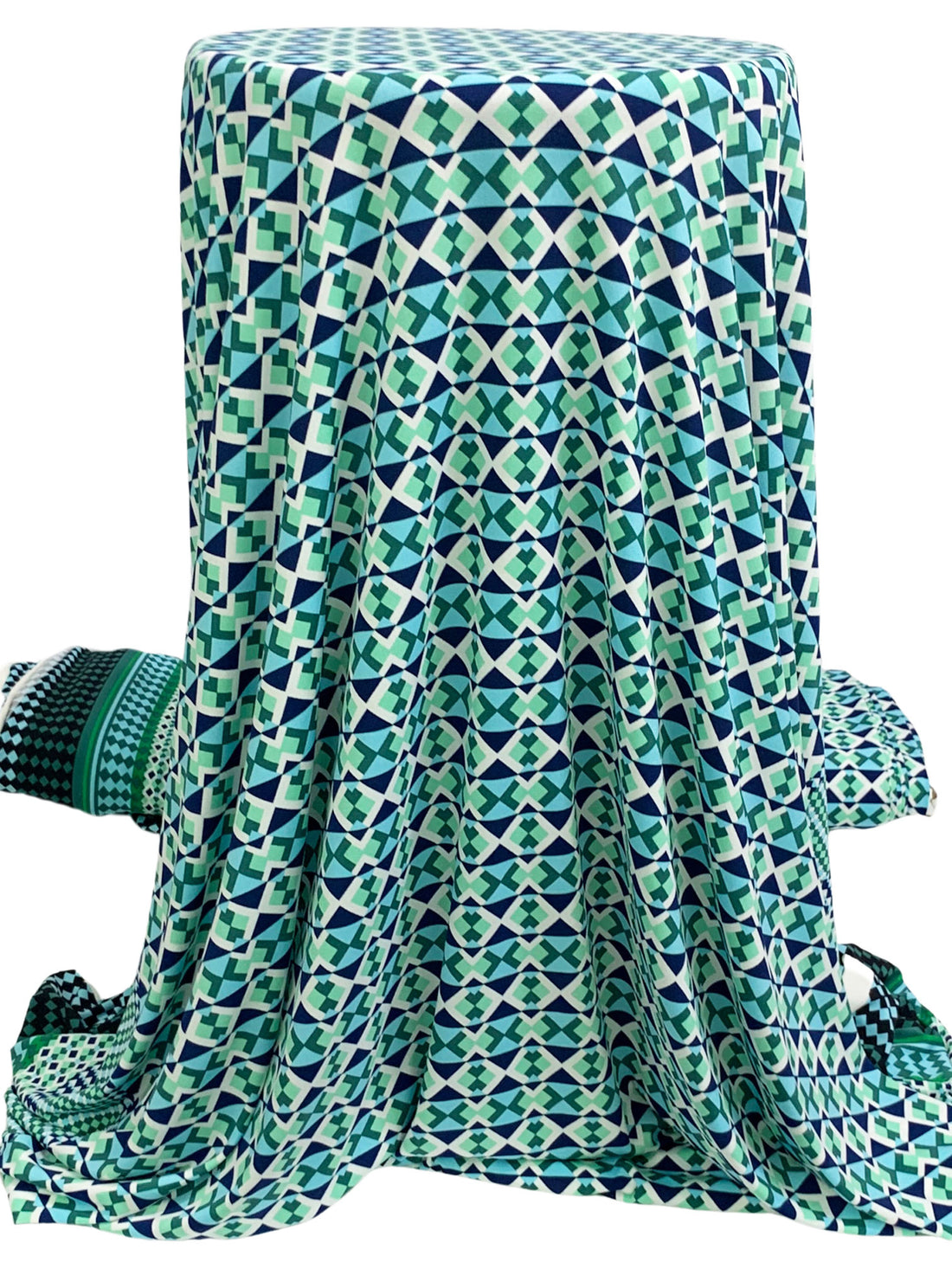 Dark Royal Blue/Dark Jungle Green/Multi Polyester/Lycra Double Border Geometric Print ITY Knit - Famous Dress Designer - 54W