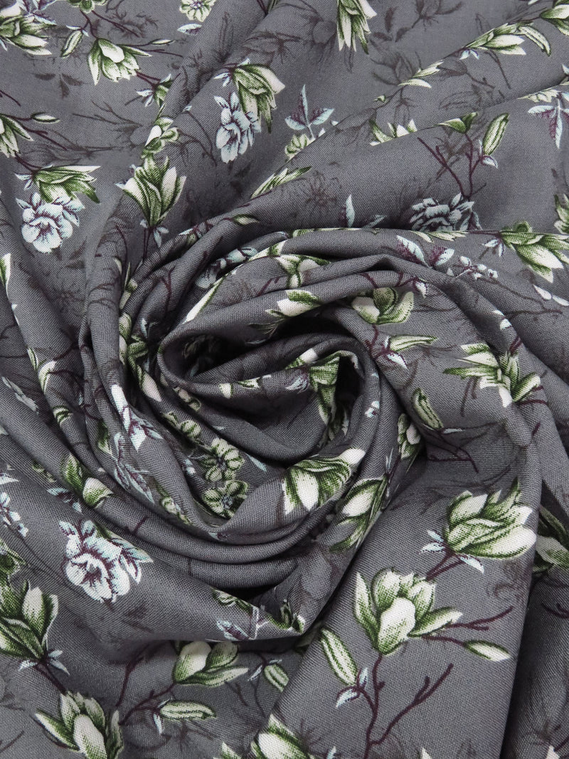 Iron Gray/Forest Green/Dark Plum/Multi 100% Rayon Floral Branches Print Challis 58W