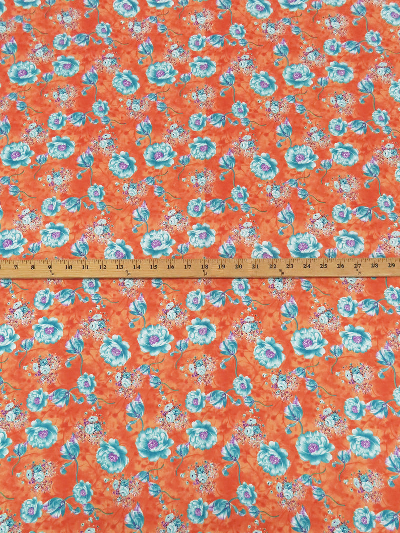 Pumpkin Orange/Cerulean/Royal Purple/Multi 100% Rayon Floral Print Challis 54W