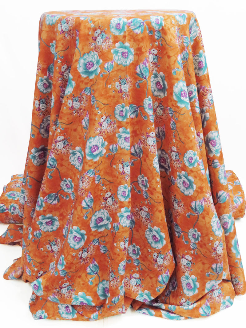 Pumpkin Orange/Cerulean/Royal Purple/Multi 100% Rayon Floral Print Challis 54W