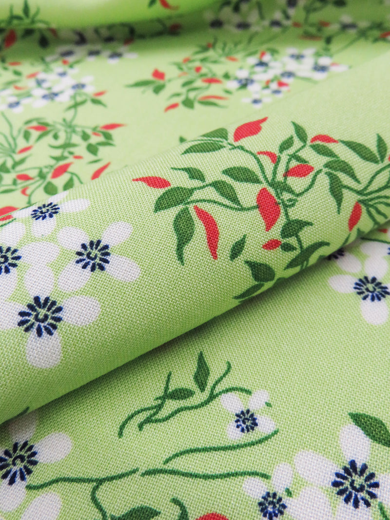 Spring Bud Green/White/Chili Red/Multi 100% Rayon Floral Branches Print Challis 56W