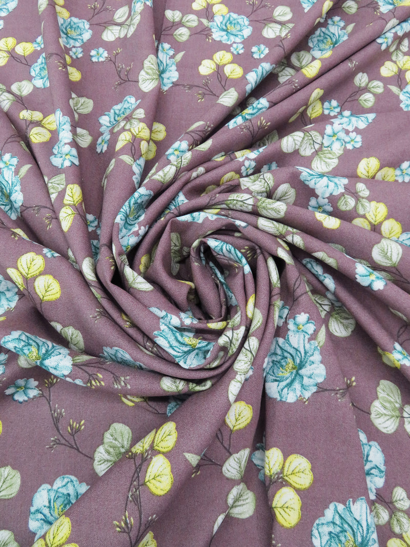 Dusty Orchid Purple/Pacific Blue/Butter Yellow/Multi 100% Rayon Floral Print Challis 54W