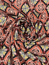 Black/Lemon/Scarlet/White 100% Rayon Floral Medallion Print Crinkle Challis 50W