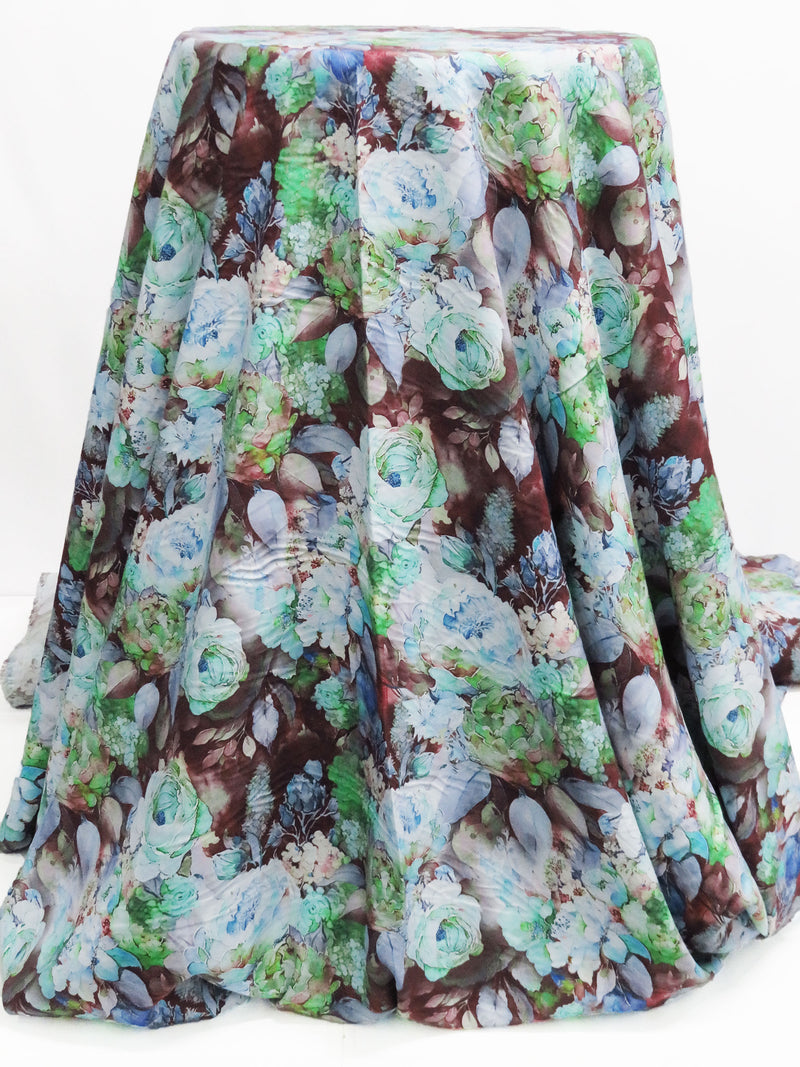 Sky Blue/Bright Tree Frog Green/Baked Plum/Multi 100% Rayon Floral Print Challis 58W