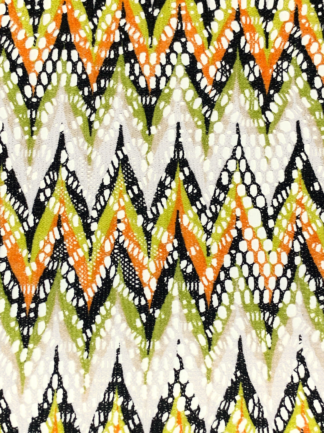 Lemon/Royal Orange/Black/White 100% Polyester Missoni-Look Chevron Crochet Knit 58W