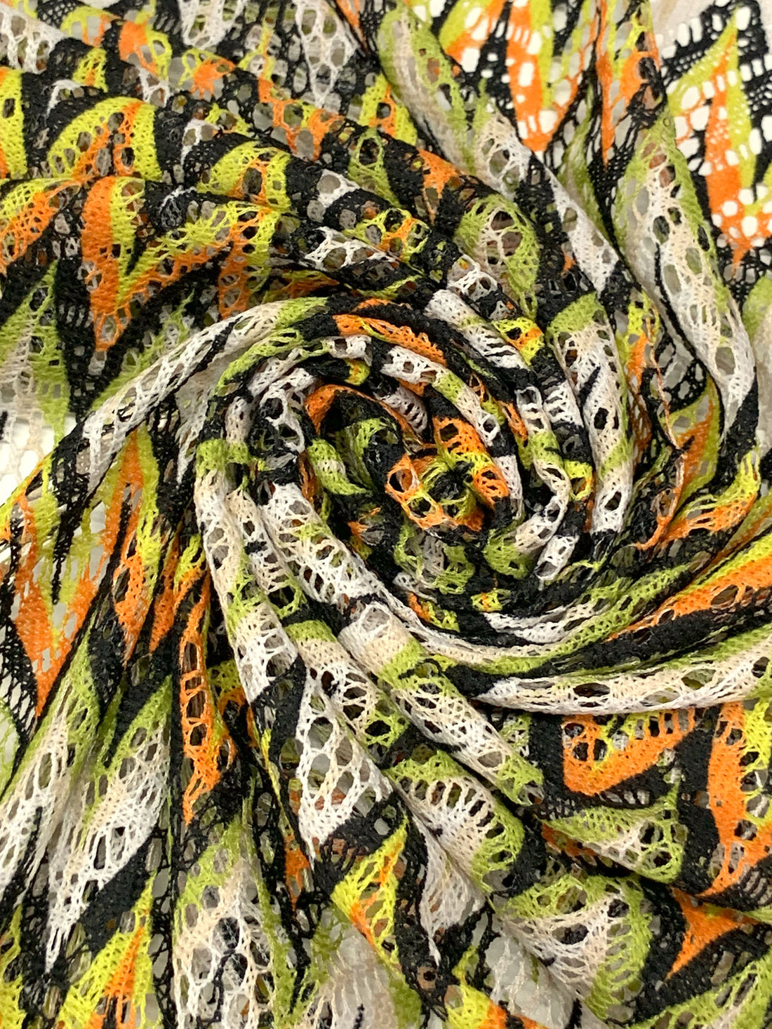 Lemon/Royal Orange/Black/White 100% Polyester Missoni-Look Chevron Crochet Knit 58W