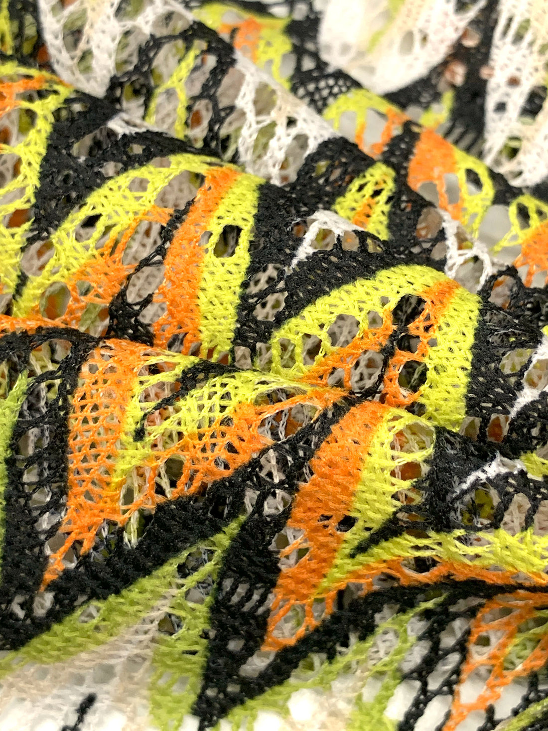 Lemon/Royal Orange/Black/White 100% Polyester Missoni-Look Chevron Crochet Knit 58W
