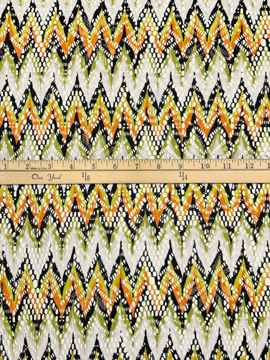 Lemon/Royal Orange/Black/White 100% Polyester Missoni-Look Chevron Crochet Knit 58W