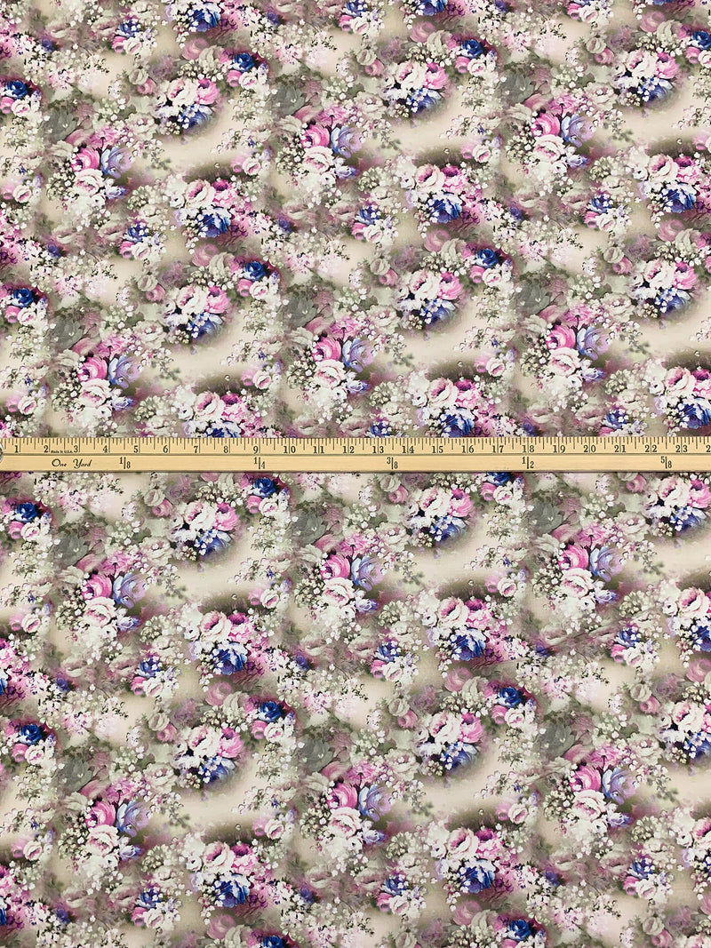 Dark Vanilla/Deep Blue//Pink Lilac/Multi 100% Rayon Floral Print Challis 56W