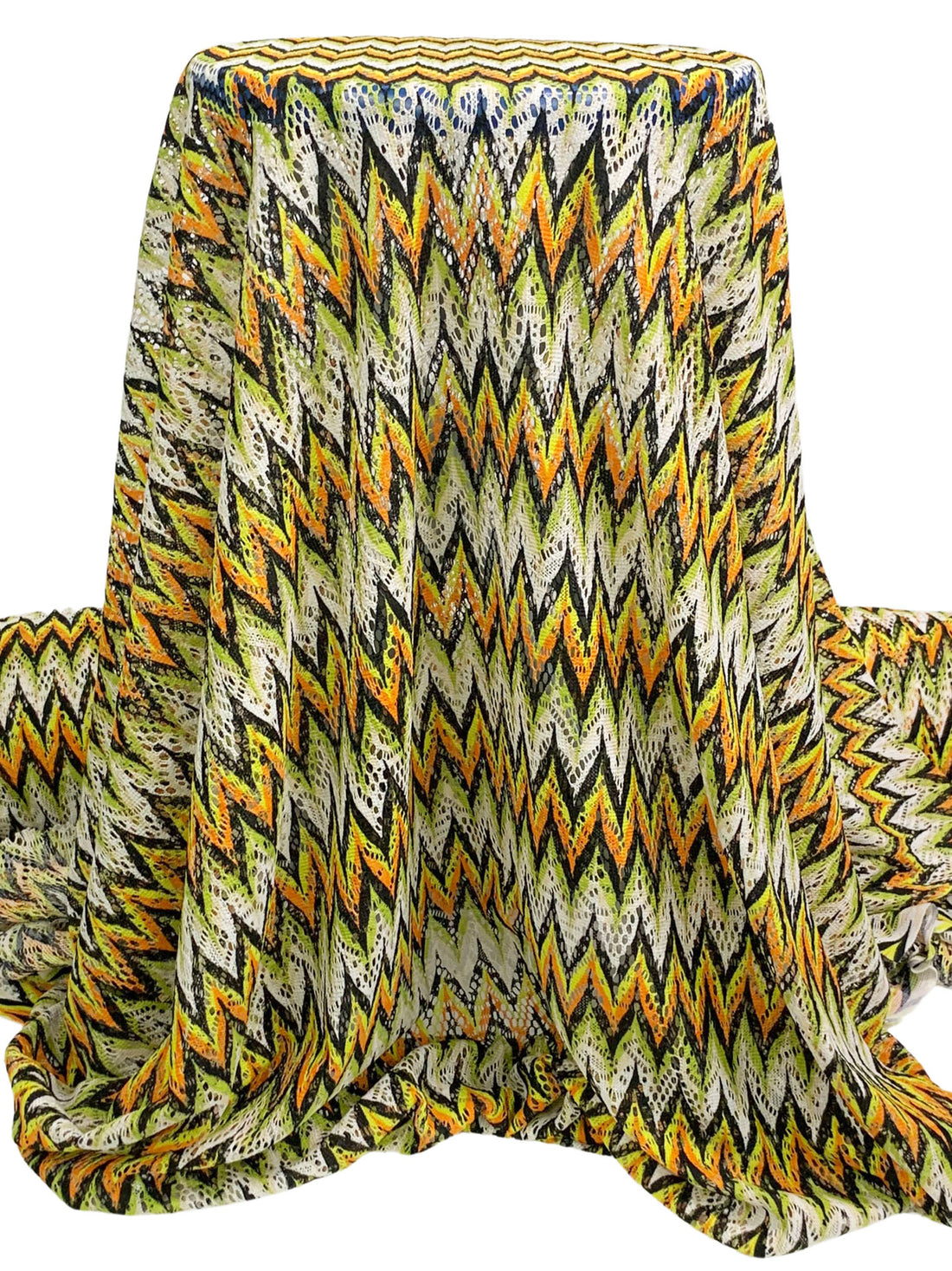 Lemon/Royal Orange/Black/White 100% Polyester Missoni-Look Chevron Crochet Knit 58W