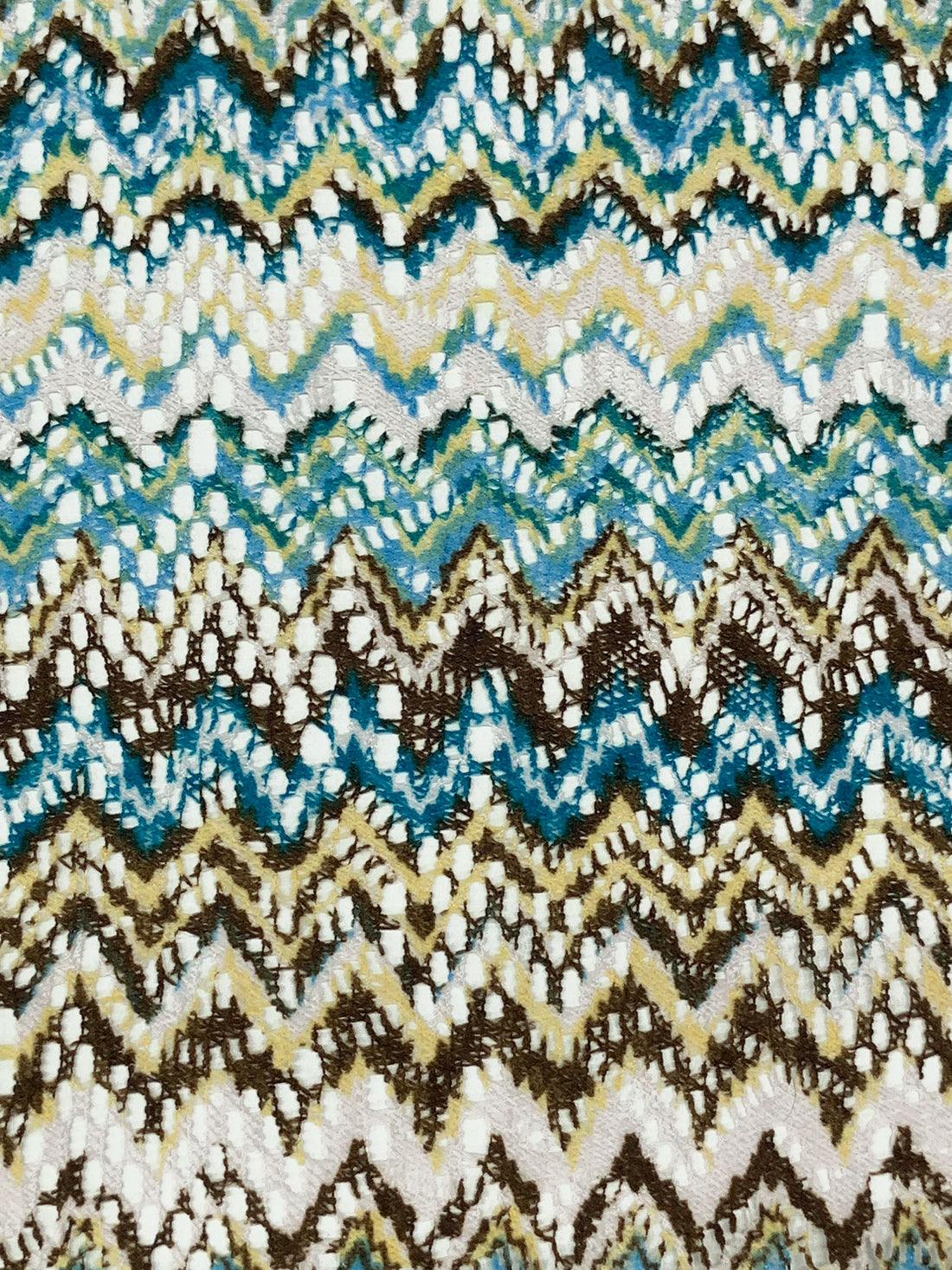 Deep Sea Blue/Dark Sandstone/White/Multi 100% Polyester Missoni-Look Chevron Crochet Knit 58W