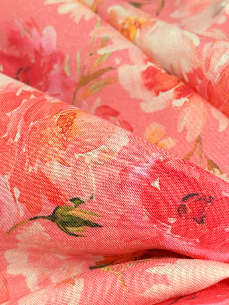 Peachy Pink/Strawberry Red/Multi 100% Rayon Floral Print Challis 60W