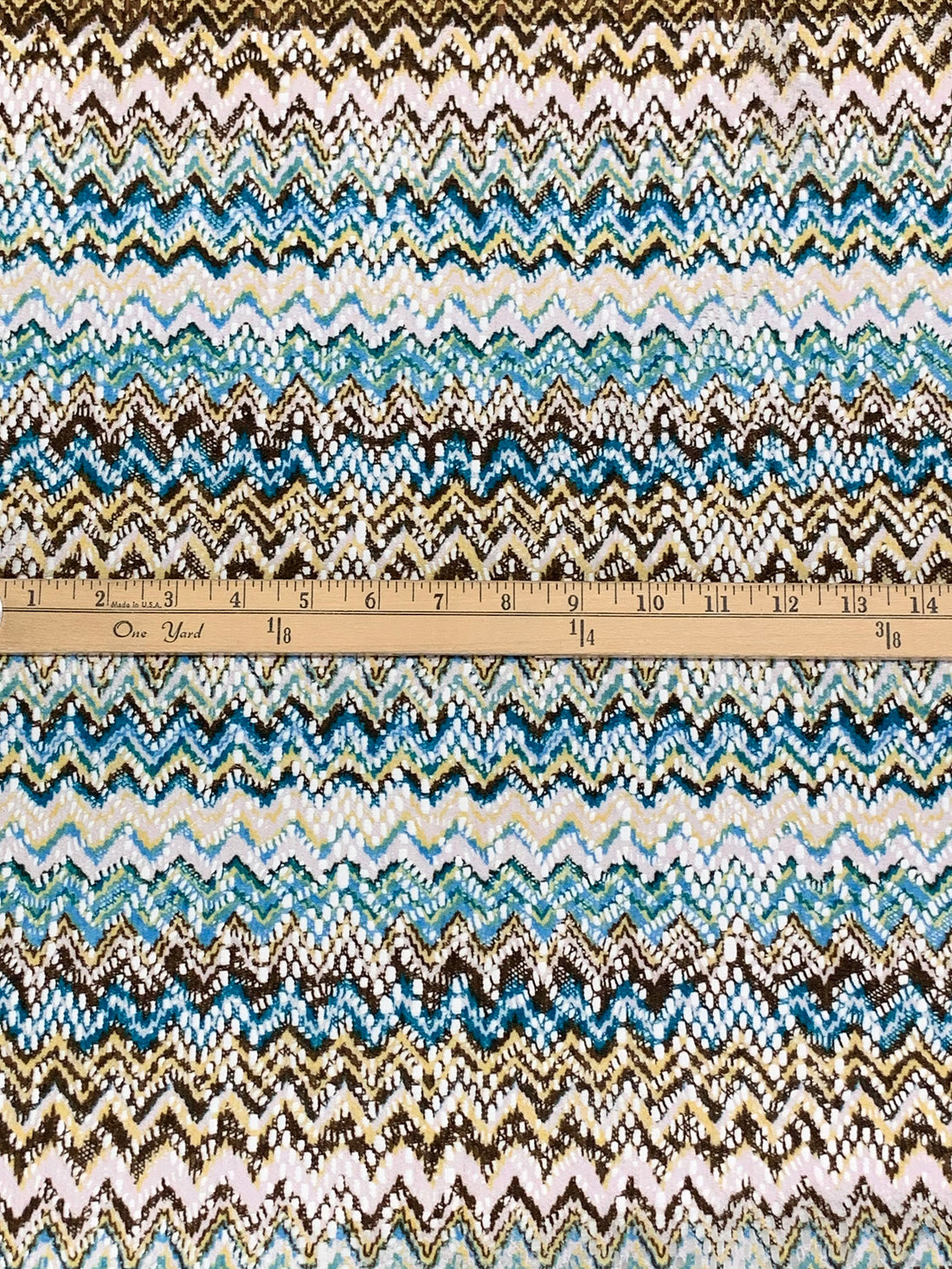 Deep Sea Blue/Dark Sandstone/White/Multi 100% Polyester Missoni-Look Chevron Crochet Knit 58W