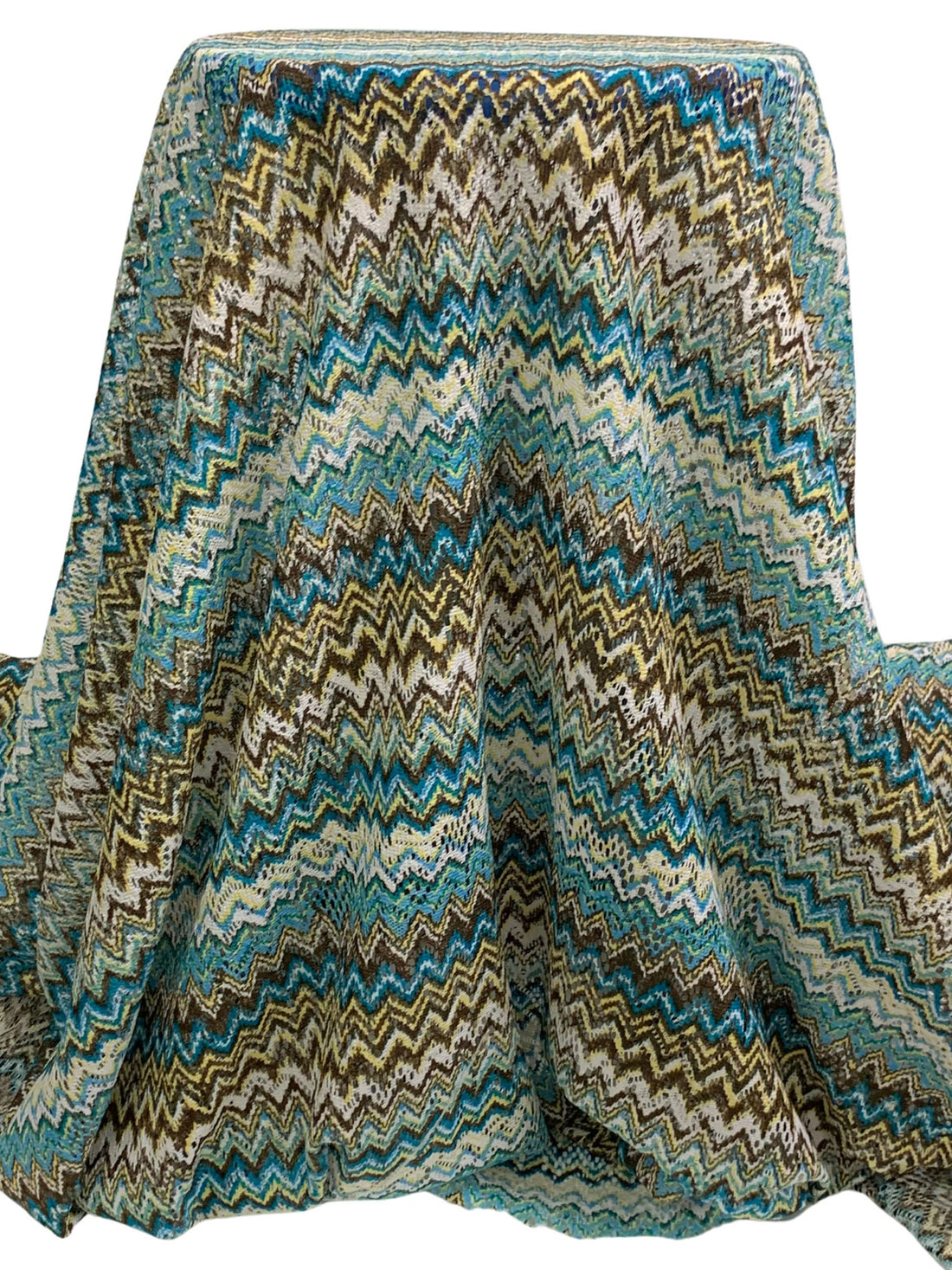 Deep Sea Blue/Dark Sandstone/White/Multi 100% Polyester Missoni-Look Chevron Crochet Knit 58W