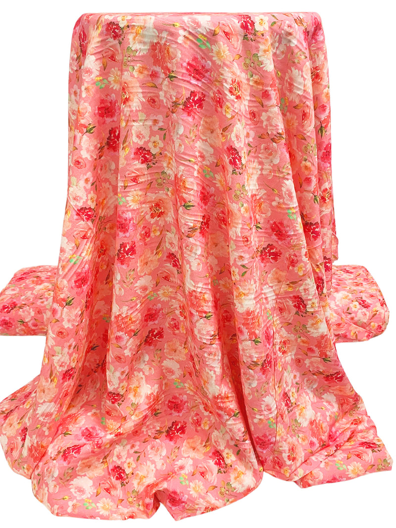 Peachy Pink/Strawberry Red/Multi 100% Rayon Floral Print Challis 60W