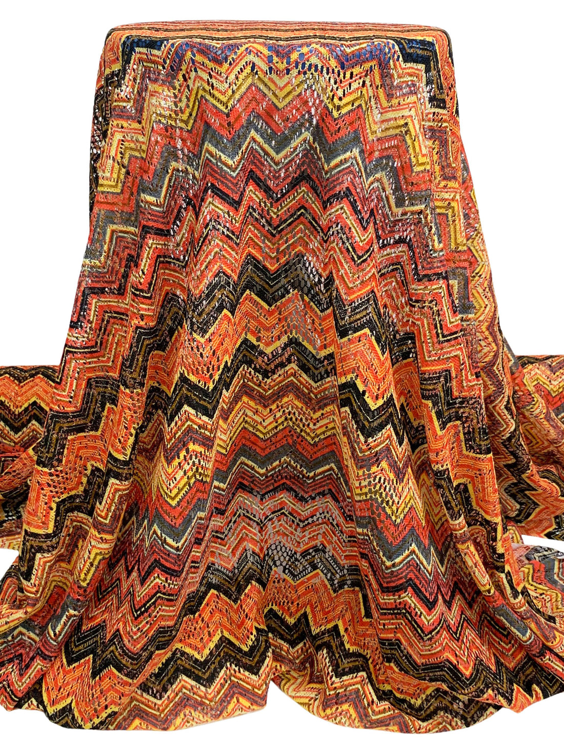 Orange Soda/Black/Dusty Plum/Multi 100% Polyester Missoni-Look Chevron Crochet Knit 58W