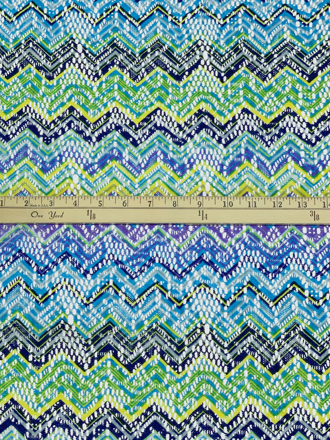 Iris Blue/Dandelion/Multi 100% Polyester Missoni-Look Chevron Crochet Knit 58W