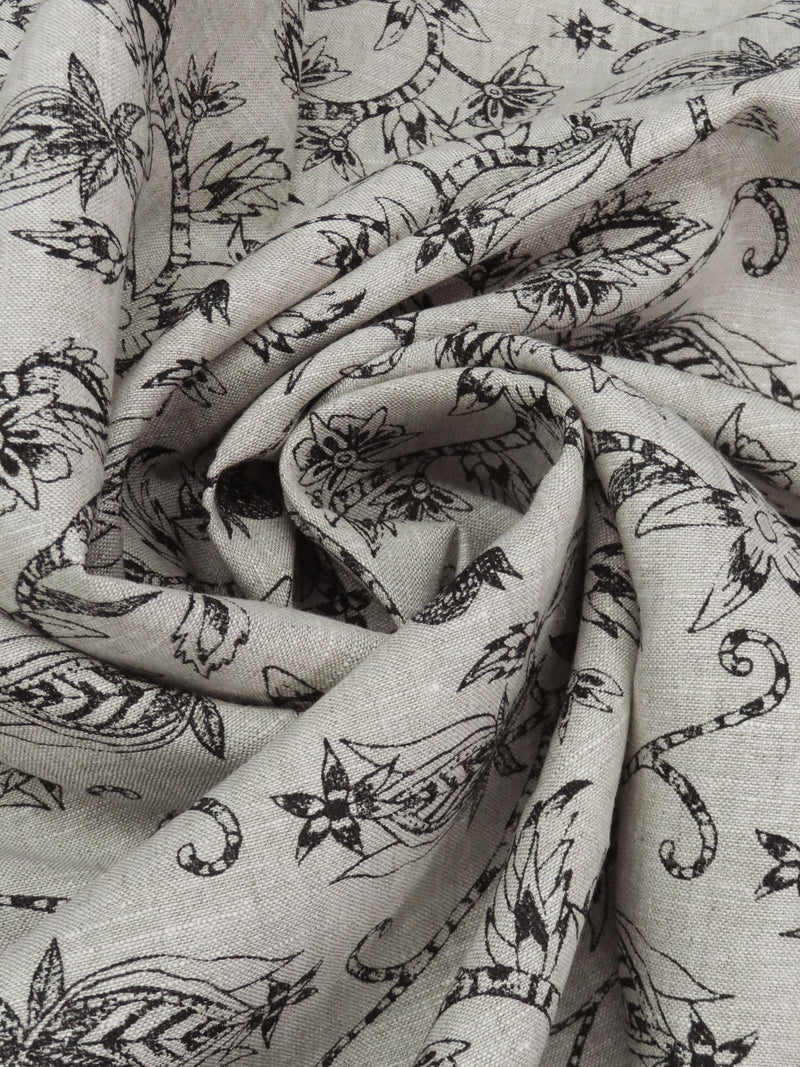 Oyster/Black 100% Linen Floral Print Mid-Weight Woven 60W