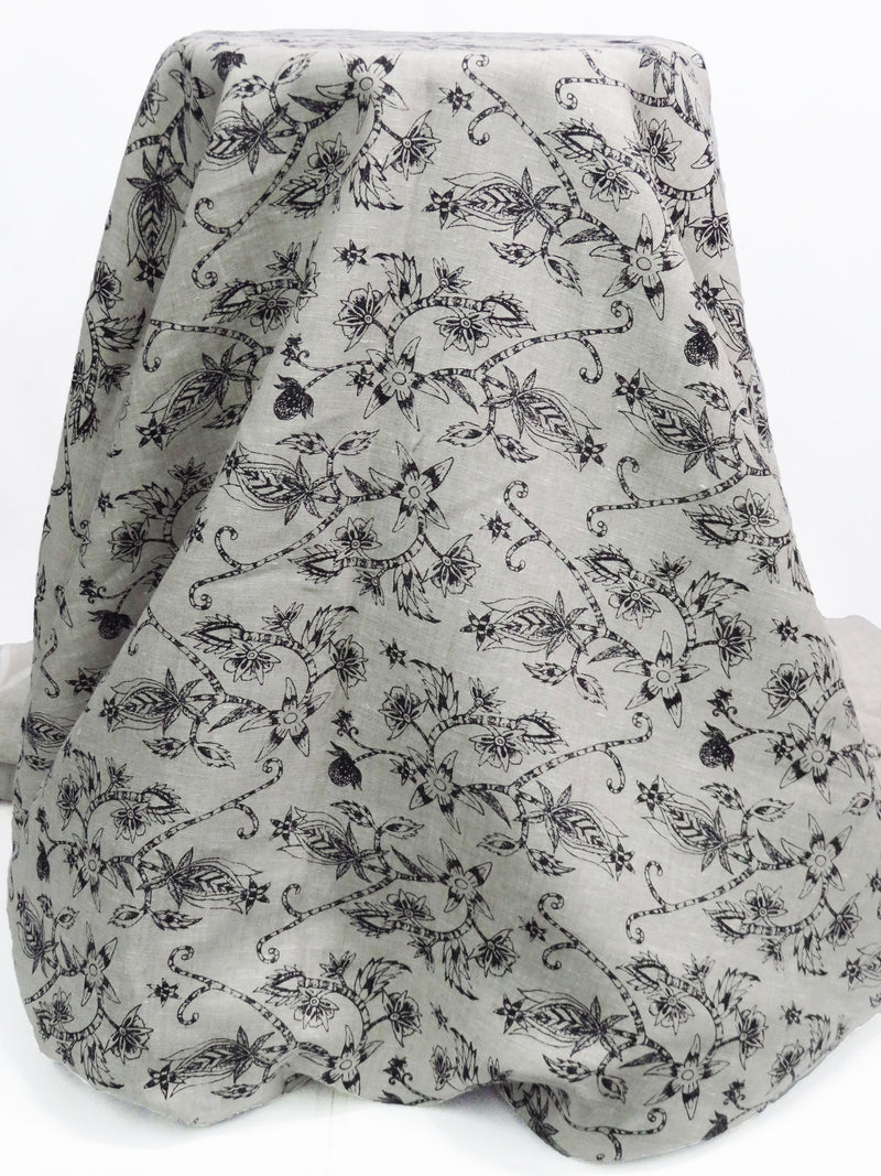 Oyster/Black 100% Linen Floral Print Mid-Weight Woven 60W