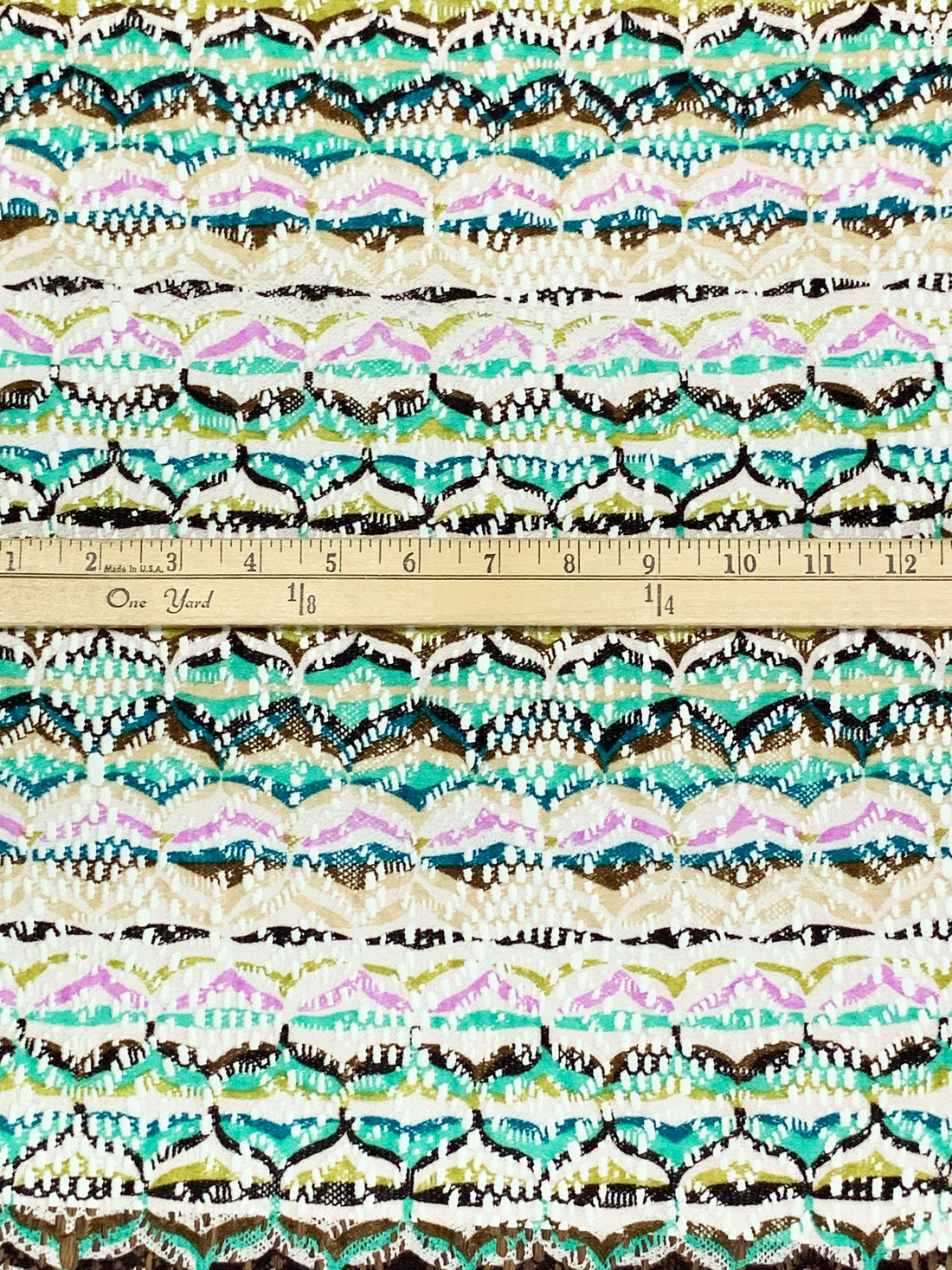 Muted Brown/Cool Jade/Multi 100% Polyester Missoni-Look Chevron Crochet Knit 58W