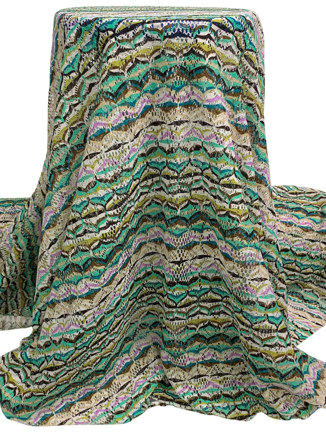Muted Brown/Cool Jade/Multi 100% Polyester Missoni-Look Chevron Crochet Knit 58W