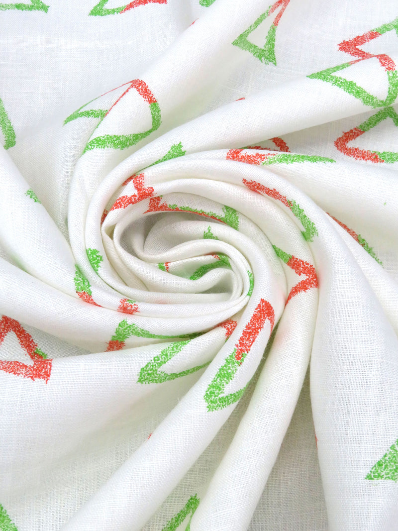 White/Green Apple/International Orange 100% Linen Drawn Triangle Print Mid-Weight Woven 60W