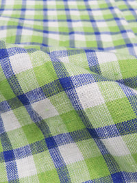 Sour Apple Green/Sapphire/White 100% Linen Yarn-Dyed Plaid Design Mid-Weight Woven 60W