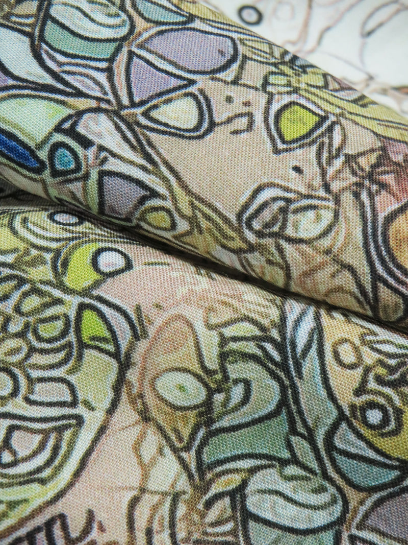 Chartreuse/Biscuit Brown/Soft Mauve/Multi 100% Rayon Abstract Print Challis 58W