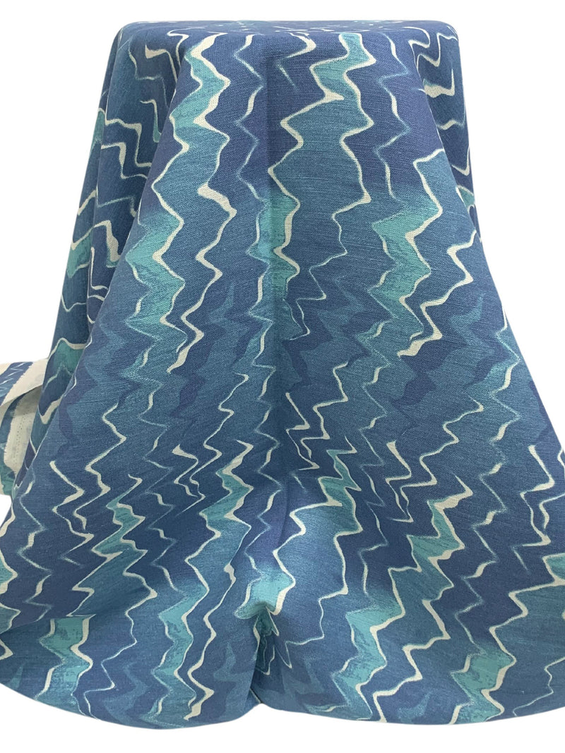 Independence Blue/White/Dark Sky Blue 100% Linen Vertical Grunge Zig Zag Print Linen 56W