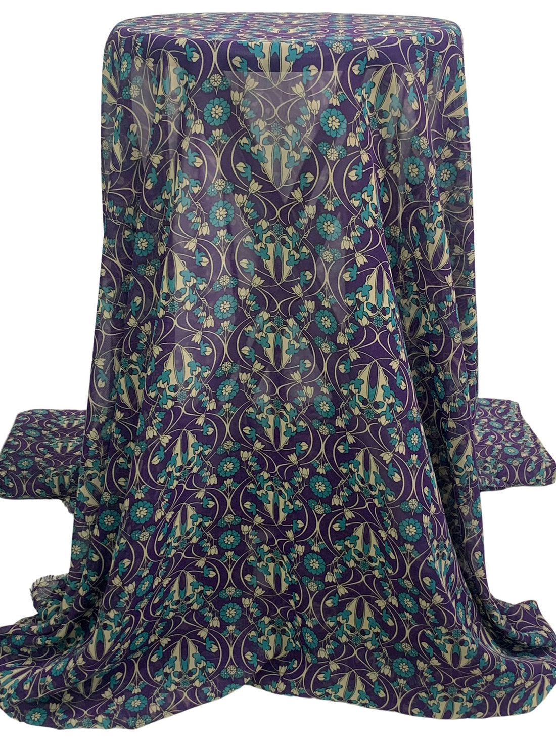 Concord Grape/Muted Tan/Teal 100% Polyester Ogee Floral Print Chiffon 58W