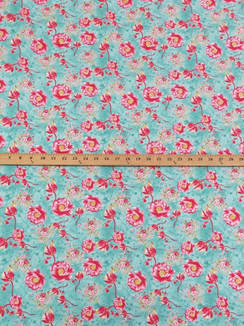 Robin's Egg Blue/Hot Strawberry Pink/Marigold/Multi 100% Rayon Floral Print Challis 56W