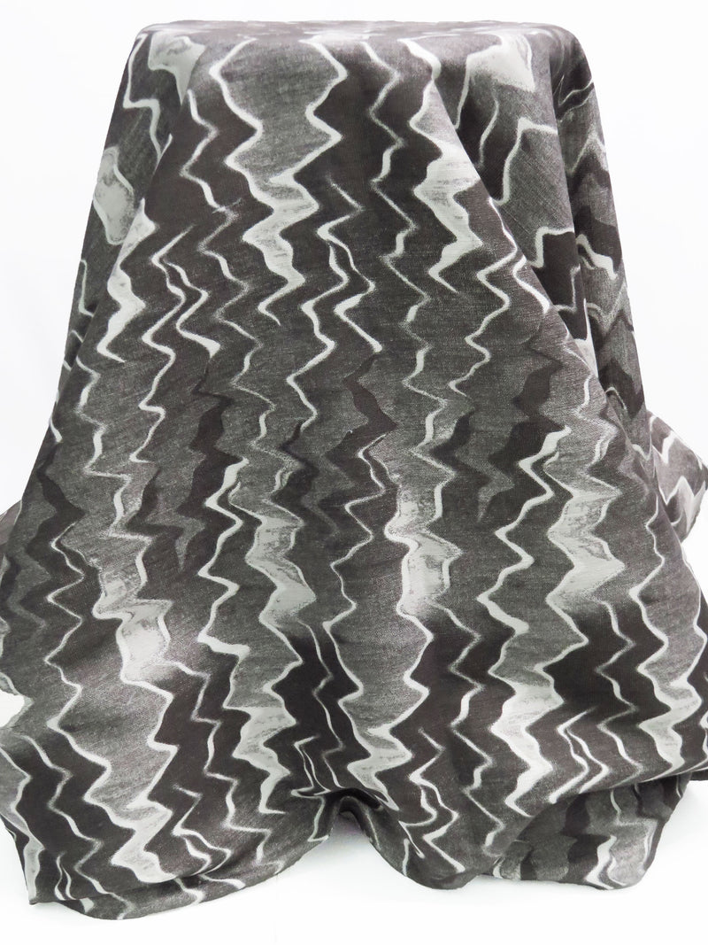 Graphite Gray/White/Iron Gray 100% Linen Vertical Grunge Zig Zag Print Linen 56W