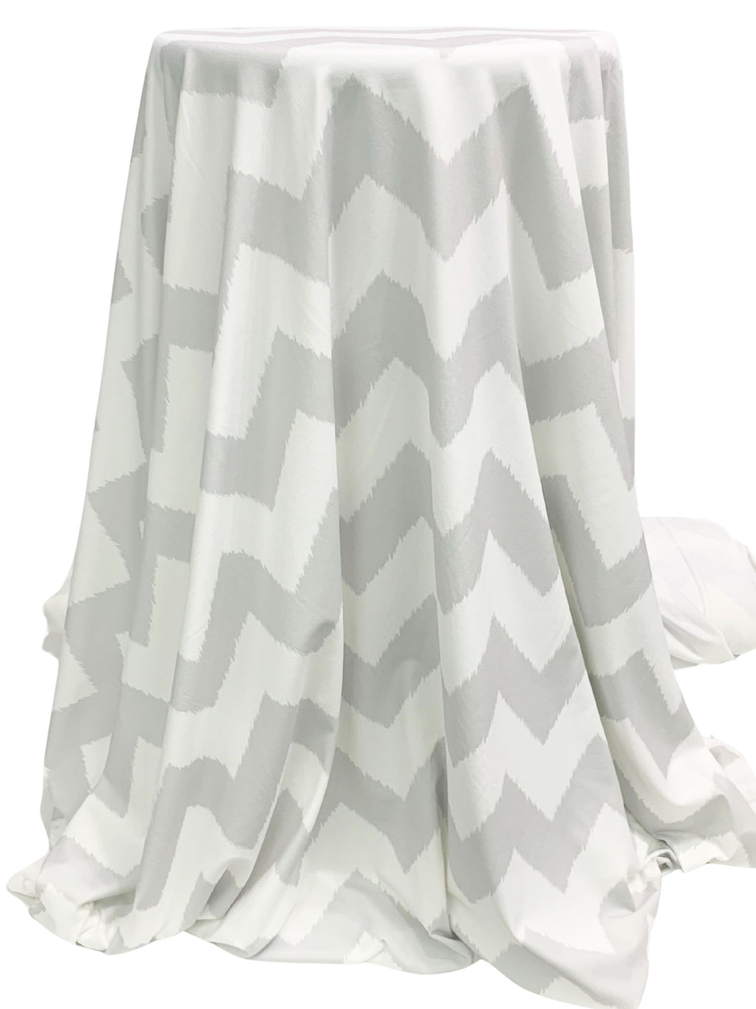 Eggshell/Silver Chalice Recycled Polyester/Spandex Ikat Chevron Print Brushed Activewear Knit - Corbeaux Clothing - 54W