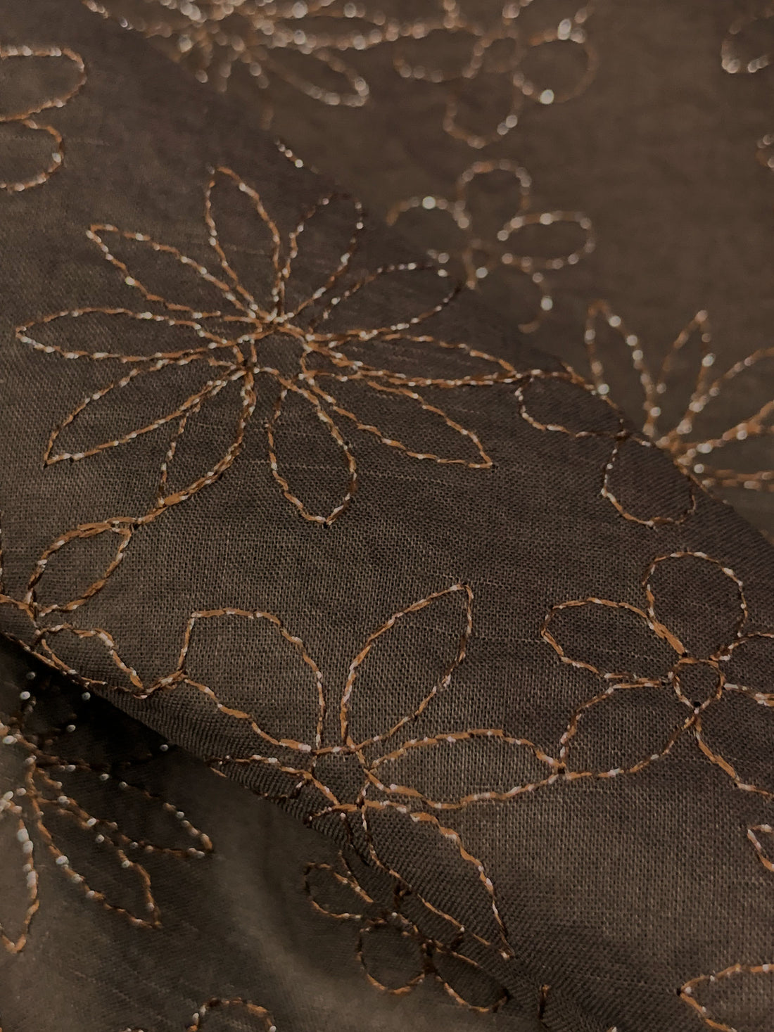 Bistre Brown/Silver Cotton/Metallic Embroidered Floral Voile 50W