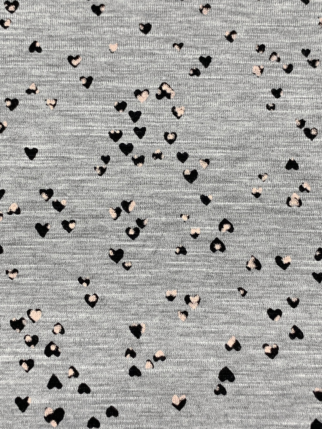 Light Heathered Gray/Black/Pale Champagne Rayon/Lycra Scattered Mini Hearts Print Slubbed Jersey Knit 59W