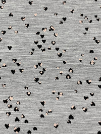 Light Heathered Gray/Black/Pale Champagne Rayon/Lycra Scattered Mini Hearts Print Slubbed Jersey Knit 59W