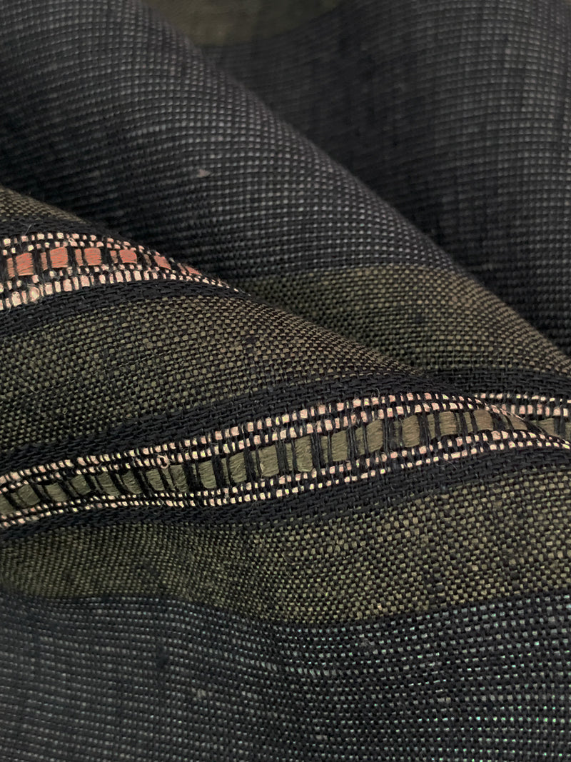 Rifle Green/Cool Black/Tan/Gray 100% Linen Horizontal Novelty Stripe Shirt Weight Woven 62W