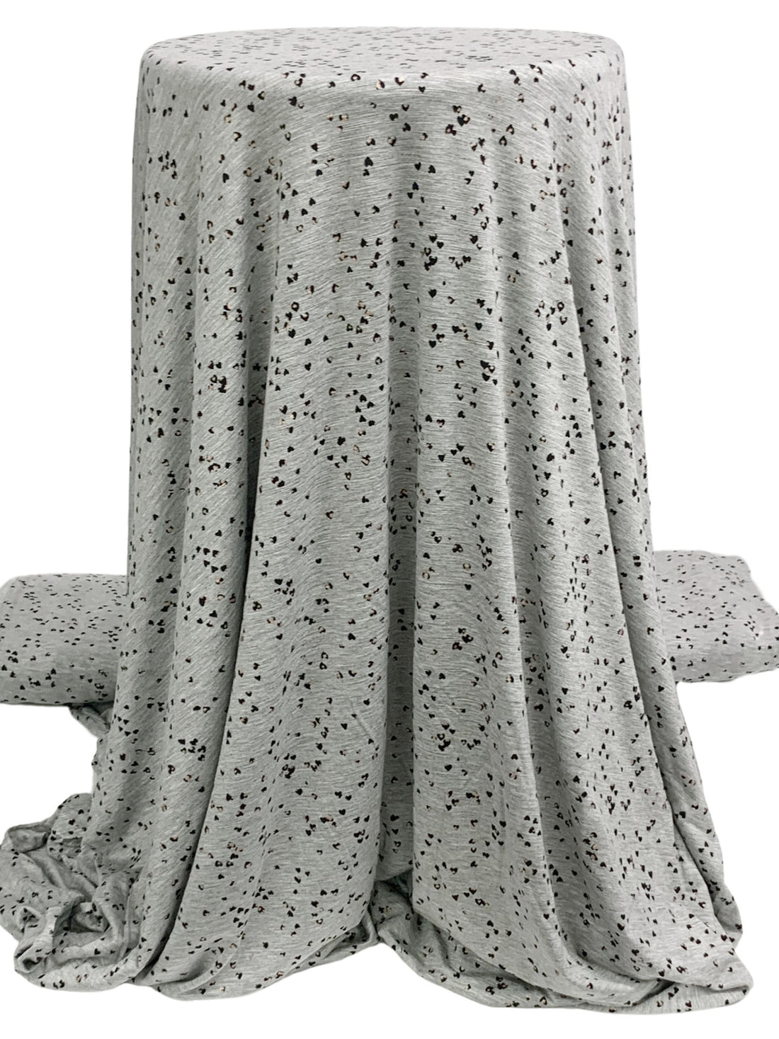 Light Heathered Gray/Black/Pale Champagne Rayon/Lycra Scattered Mini Hearts Print Slubbed Jersey Knit 59W