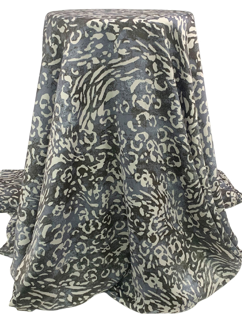 Slate Blue/Dark Earthy Gray/Off-White 100% Polyester Abstract Animal Print Charmeuse 60W